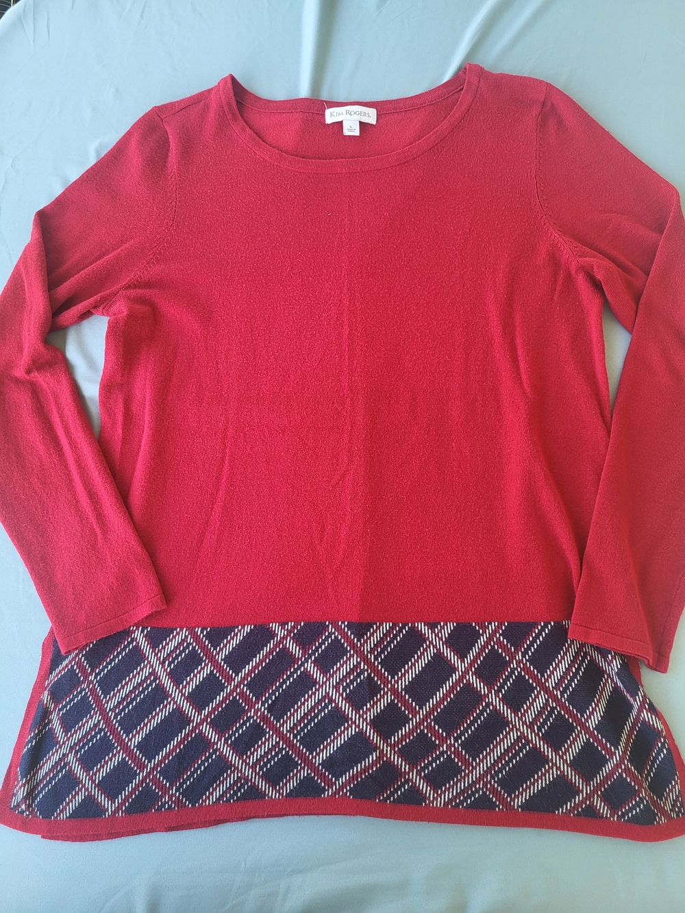 Kim Rogers Red Crewneck Sweater with Patterned Hem